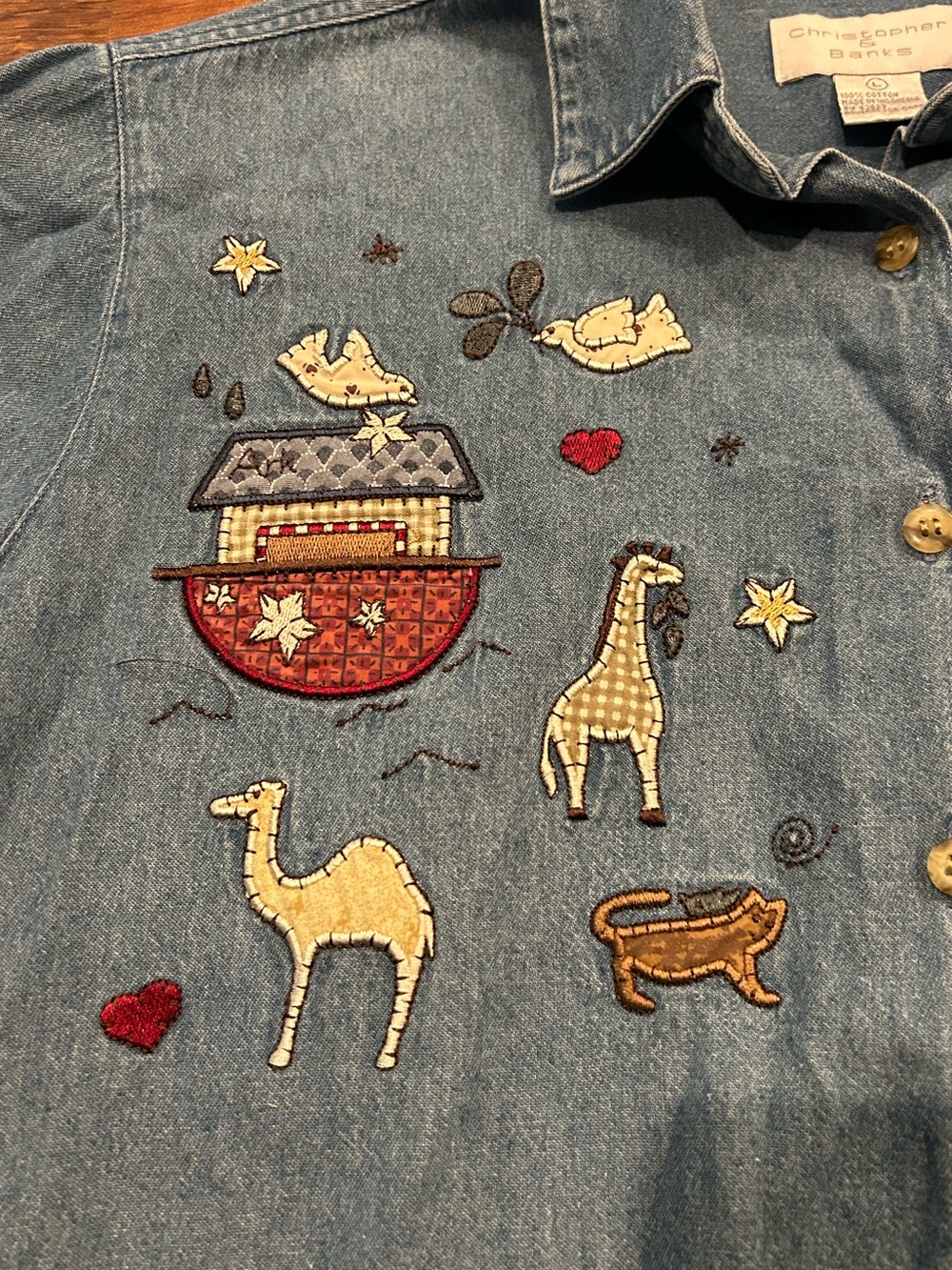 Vintage 90s Noah's Ark Embroidered Chambray Shirt Christopher & Banks Size Large - Picture 2 of 6